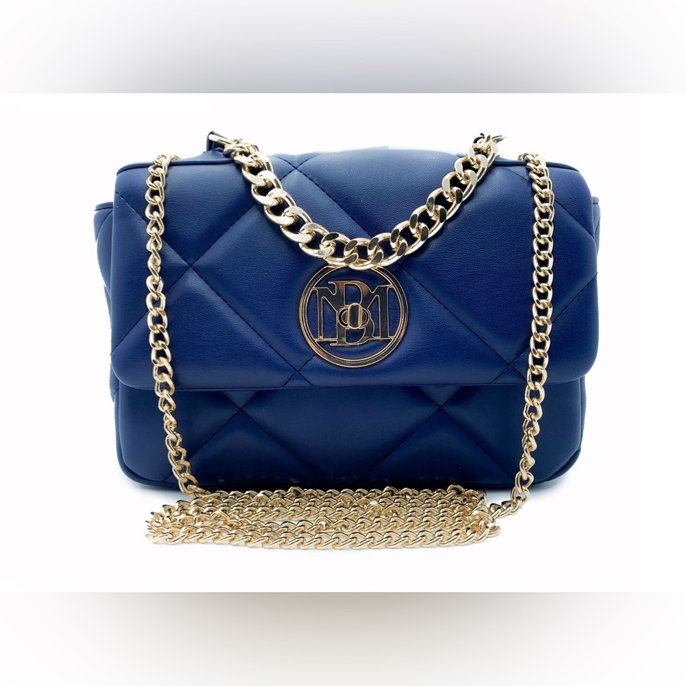 New Badgley Mischka Navy Quilted Bag with Gold Chain
